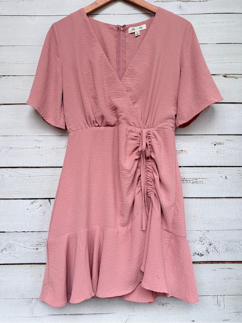 She + Sky Surplice V-Neck Ruched Drawstring Ruffle Dress - Small - Picture 2 of 5